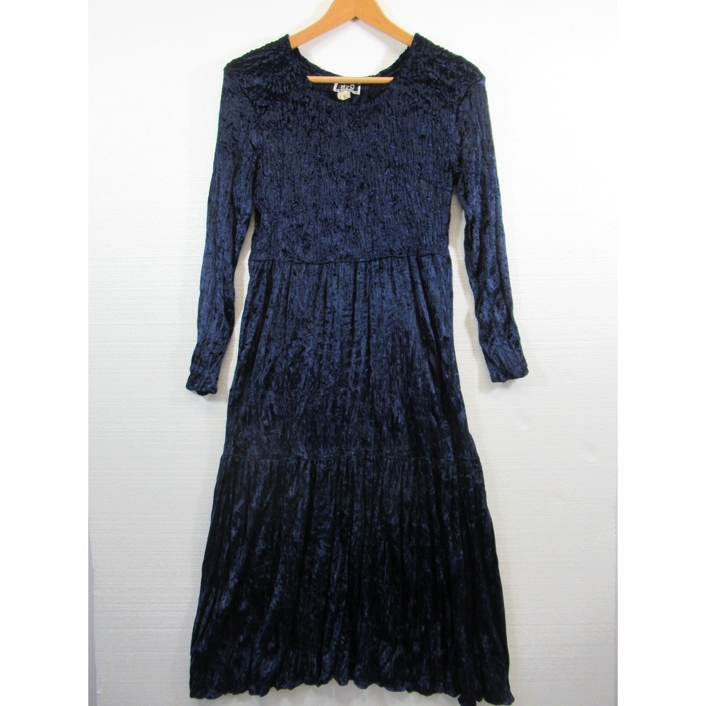 Vintage 90s H2O Crushed Velvet Tiered Dress Women 2 Blue Goth Witchy